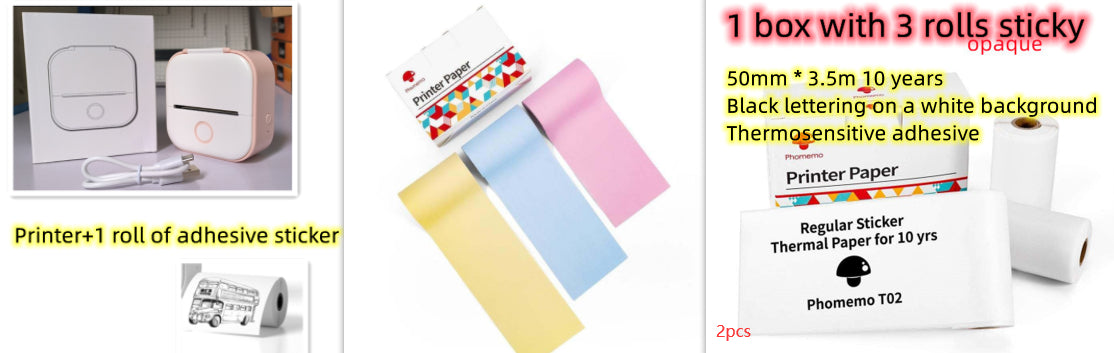 White mini thermal label printer with pastel roll label paper and label strip