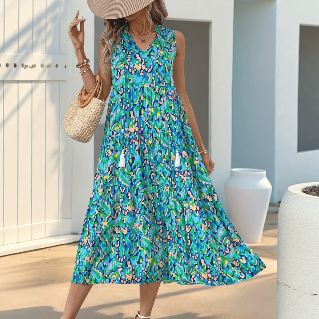 Sleeveless V-neck tassel abstract-print dress, teal and green tiered midi skirt