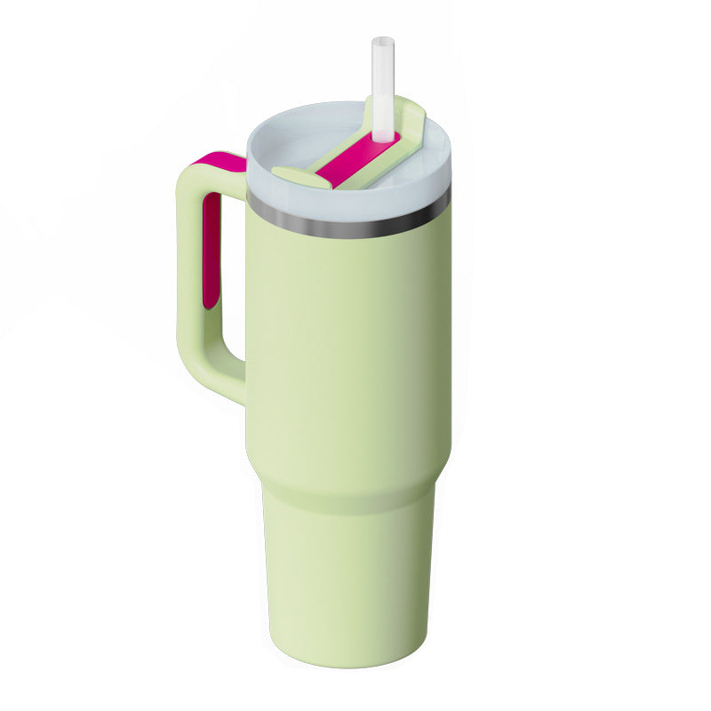 40oz insulated travel tumbler with straw and handle, pale green body with bright colored lid insert
