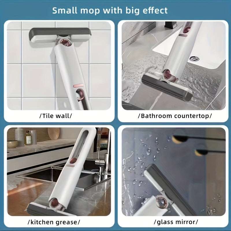 Portable self-squeeze mini mop shown on tile, countertop, kitchen sink, and glass mirror
