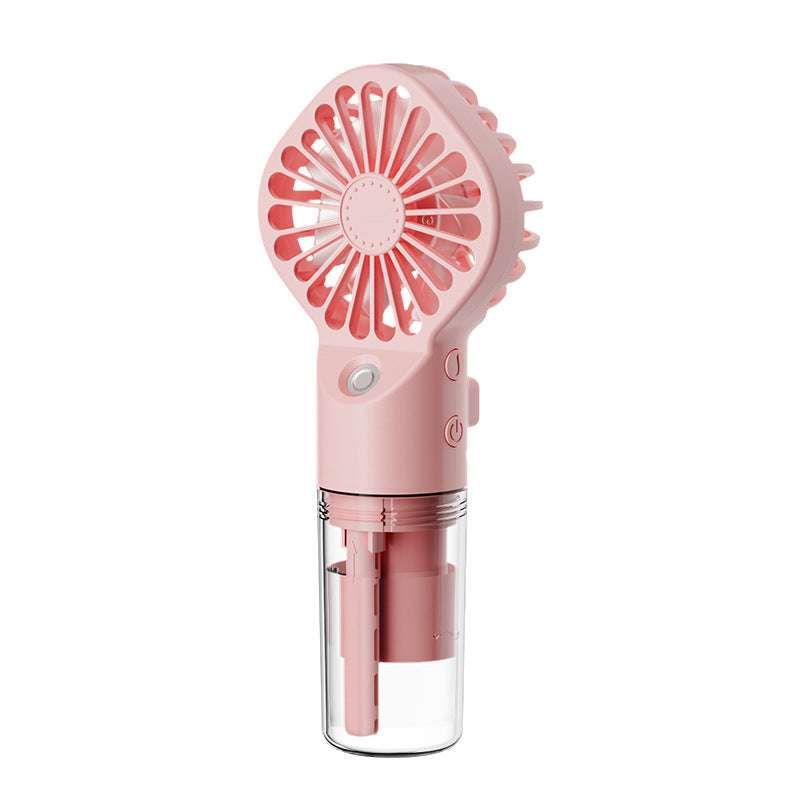 Pink portable mist humidifier fan with transparent chamber and fan grille