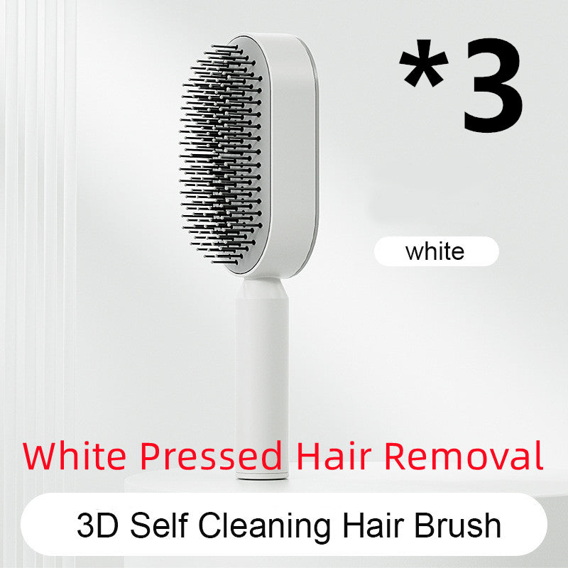 Self-cleaning hair brush with black bristles on white handle and white cleaning base