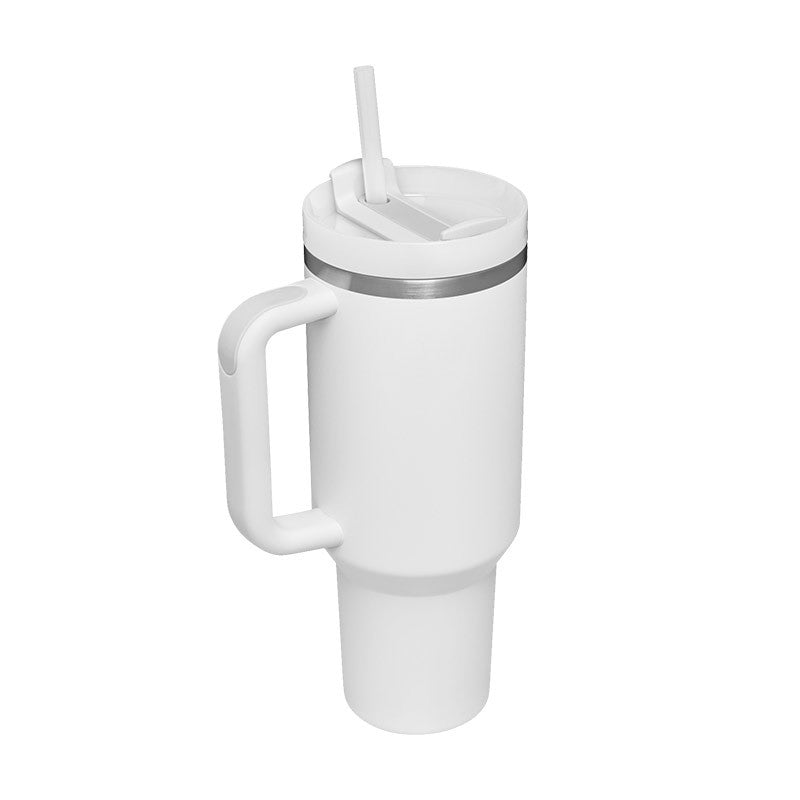 40oz insulated tumbler with handle and straw, white with gray rim lid