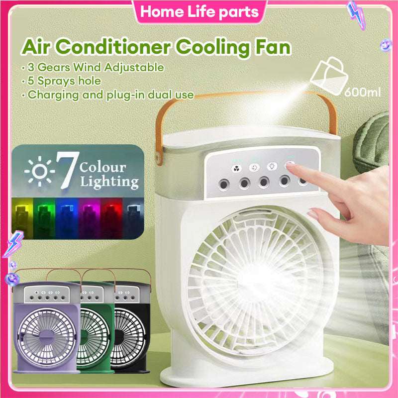Portable USB air conditioner cooling fan with mist, orange handle, front grille and control panel