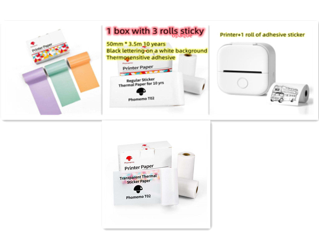 White mini thermal label printer with label paper roll and small accessory strip