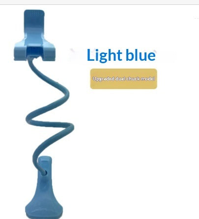 Light blue mobile phone stand with spring-style flexible arm and clamp base.