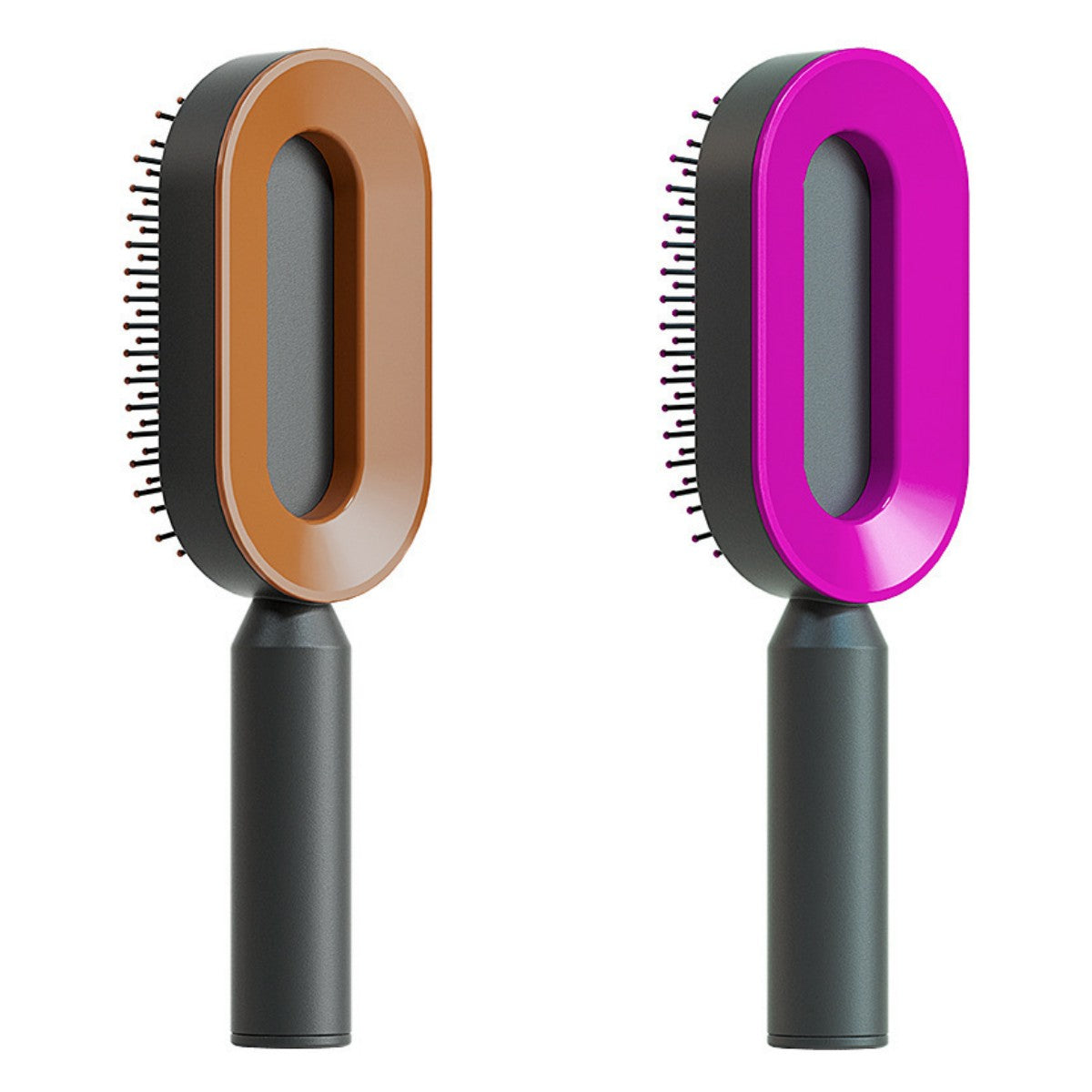 Self-cleaning hair brush with amber oval cleaning head and dark gray handle; also shows purple version.