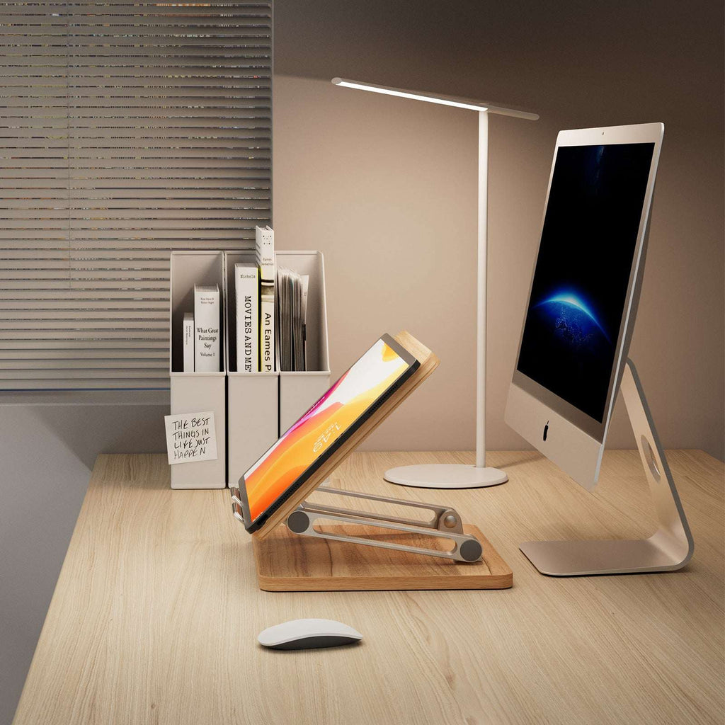 Desktop elevated phone stand with dark wood platform and silver support frame