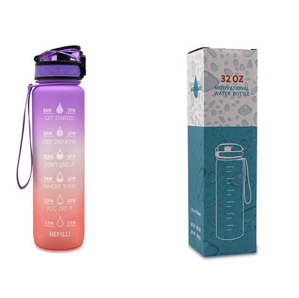 1L motivational water bottle with time marker, purple-to-orange gradient, with retail box