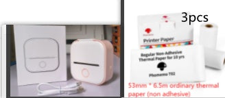 Mini thermal label printer with label sheet, USB cable, and three paper rolls
