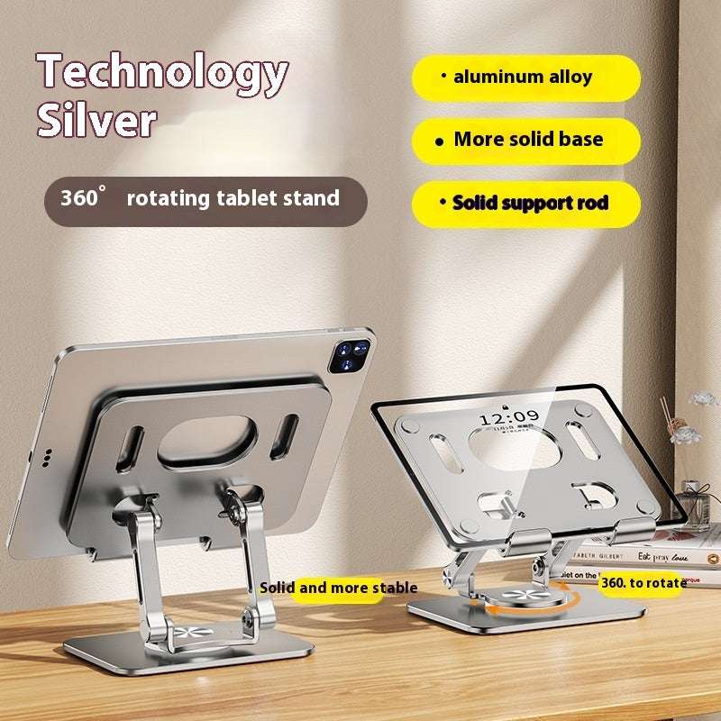 Rotating tablet stand with solid base and support rod, silver