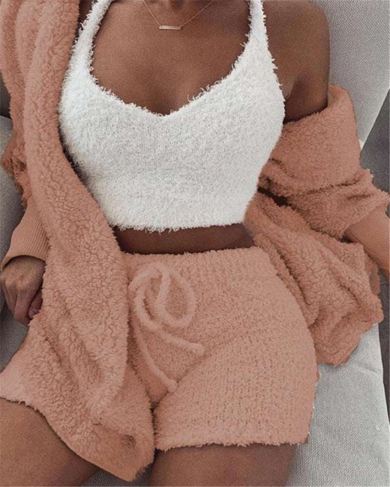 Fuzzy peach crop tank top and drawstring shorts with matching long-sleeve jacket