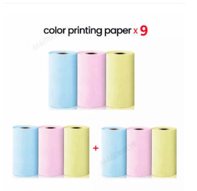 Set of three color printing paper rolls in blue, pink, and yellow