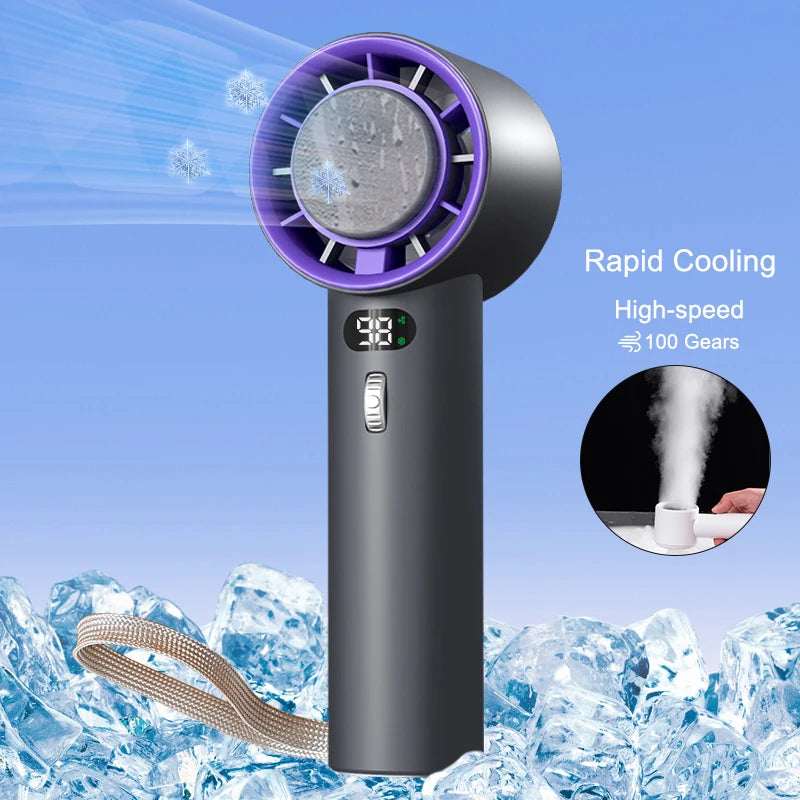 Portable turbo cooling fan, black body with purple-ring grille and speed controls