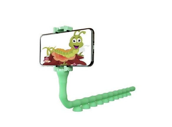 Green flexible worm phone suction holder with clamp grip