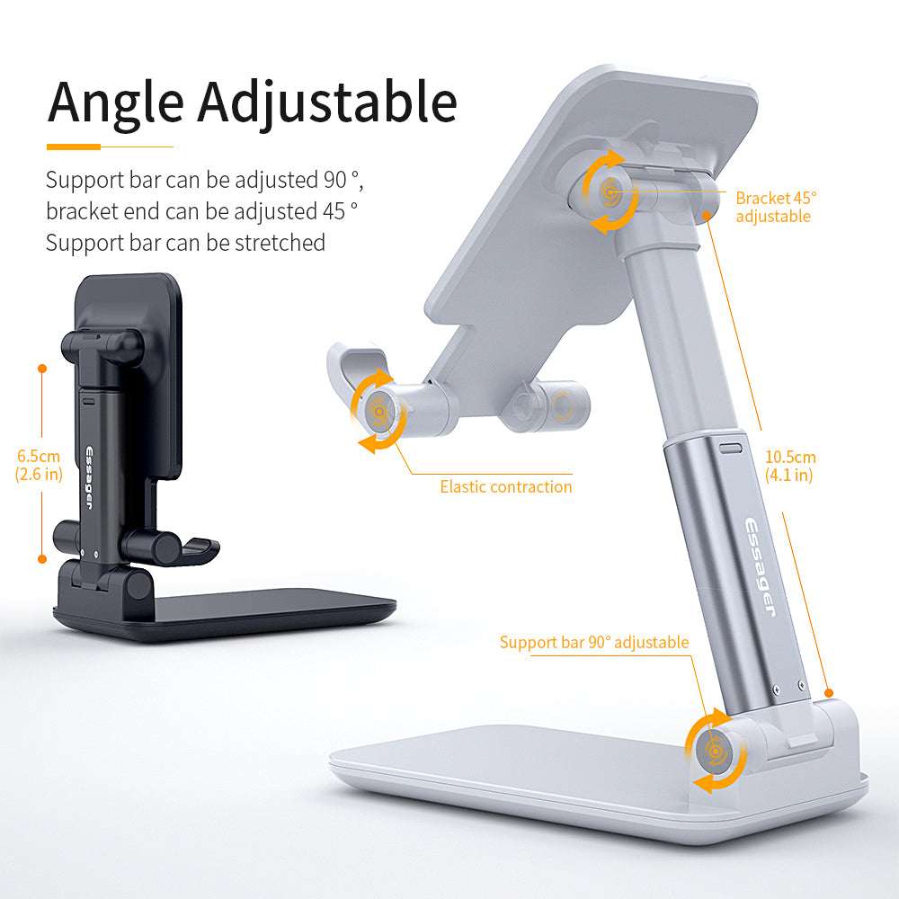 Adjustable phone and tablet stand with dark base and angled viewing support