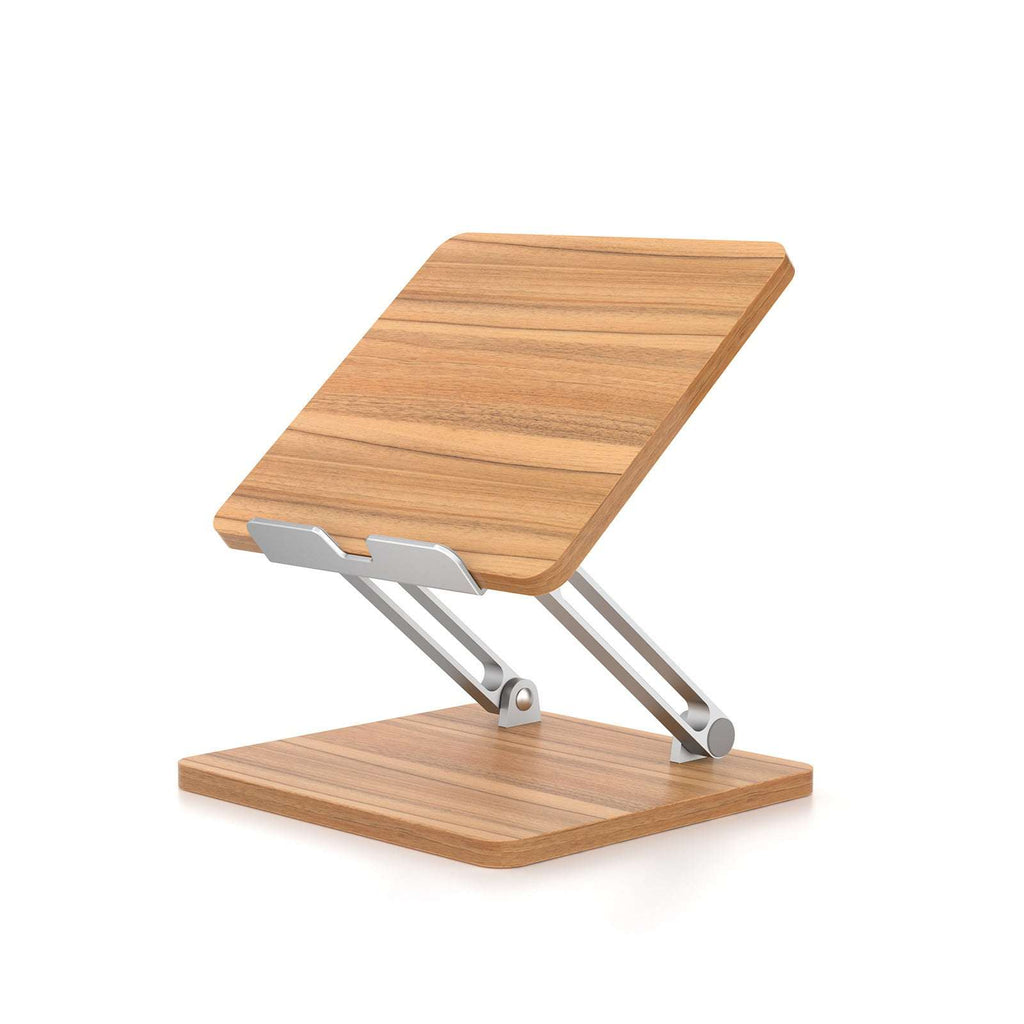 Dark wood desktop phone stand with adjustable top lip and silver metal support