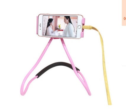 Flexible phone neck stand with pink frame, yellow strap, and adjustable smartphone holder