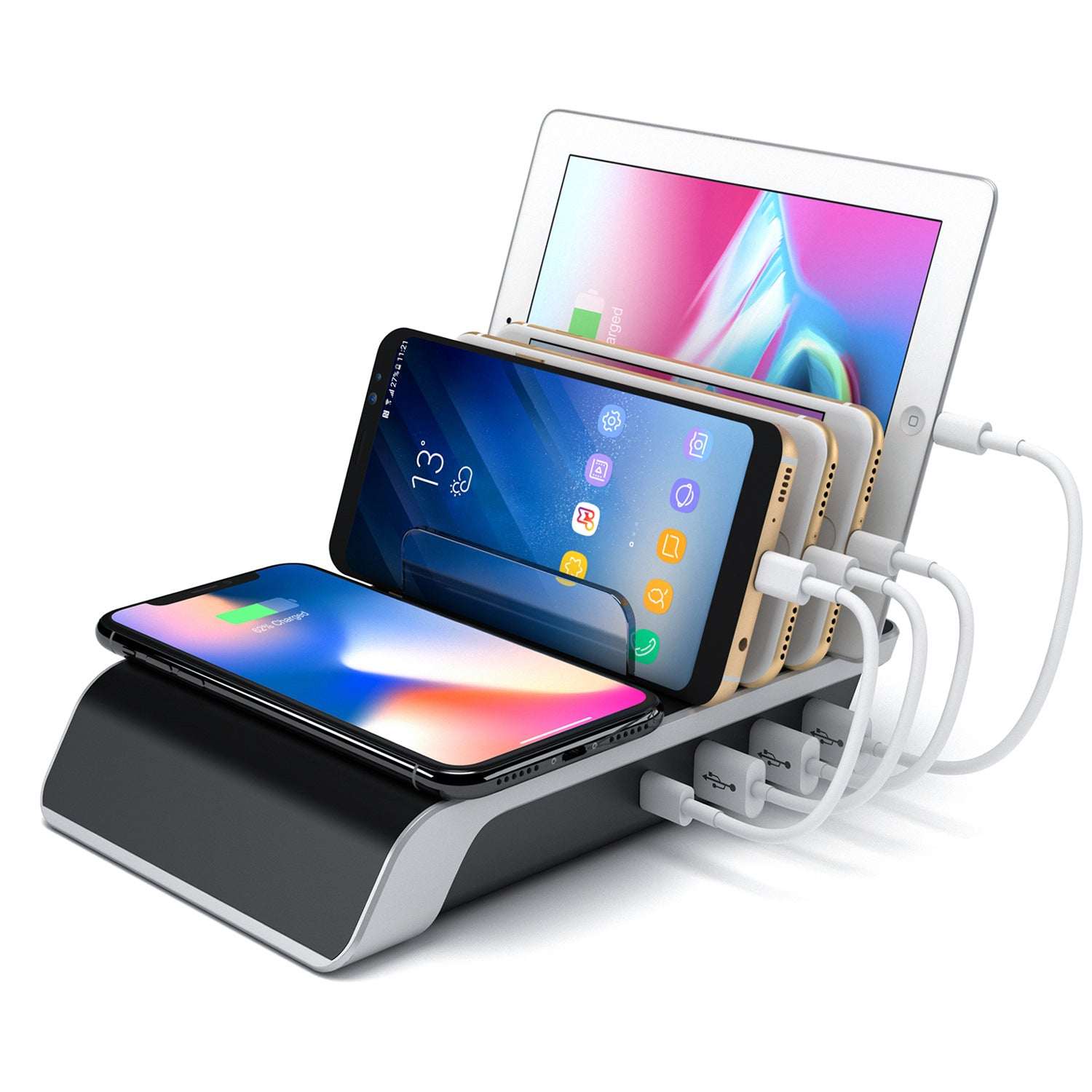 Tablet charging stand base with black cradle and connected phone and tablet devices