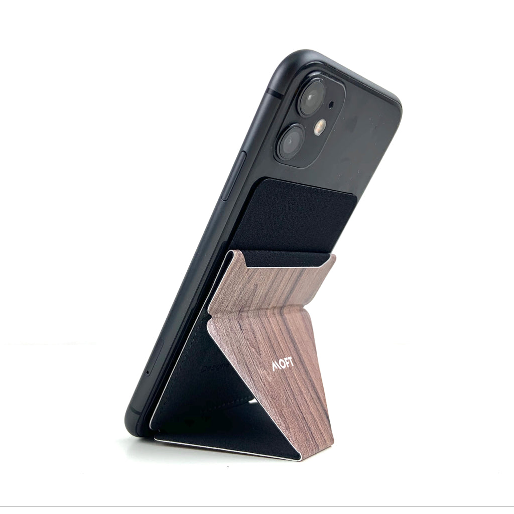 Mobile phone folding stand with dark top and wood-toned support