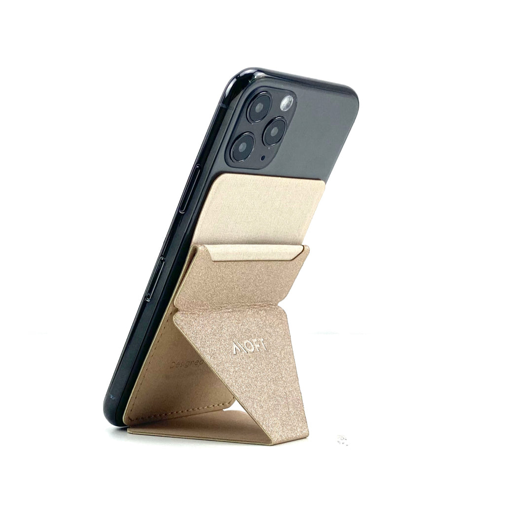 Mobile phone folding stand with beige fabric insert