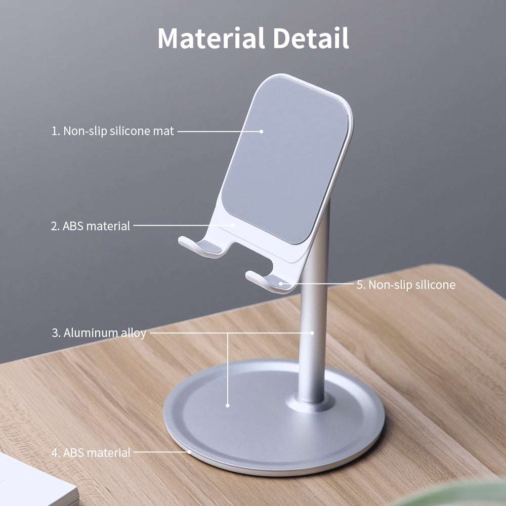 Tablet and phone desktop stand with curved back, round base, non-slip silicone pad