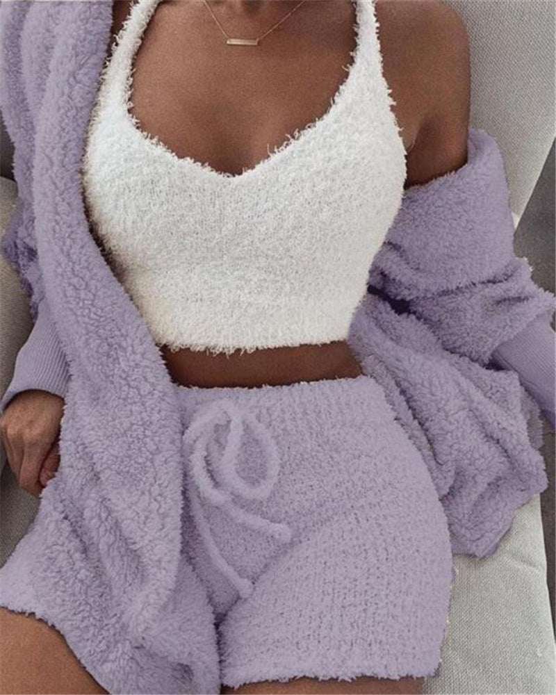 Fuzzy lavender crop tank top and drawstring shorts with matching long-sleeve jacket