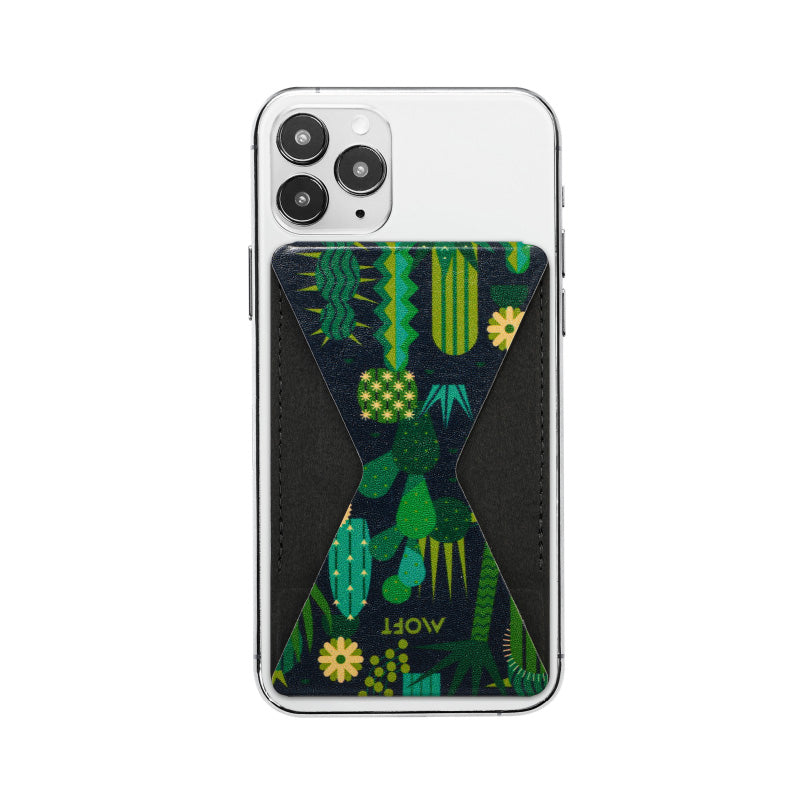Mobile phone folding stand with green patterned fabric insert