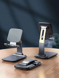 Desktop phone tablet stand with adjustable cradle, black base and arm