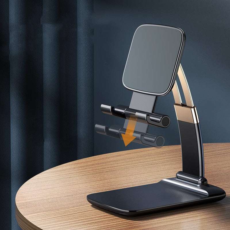 Desktop phone stand with flip cradle and tilting arm on black base