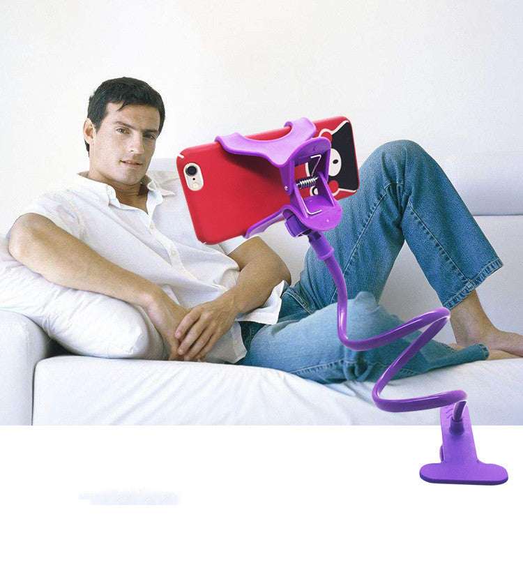 Purple double-clamp mobile phone holder stand with flexible arm, holding a red phone