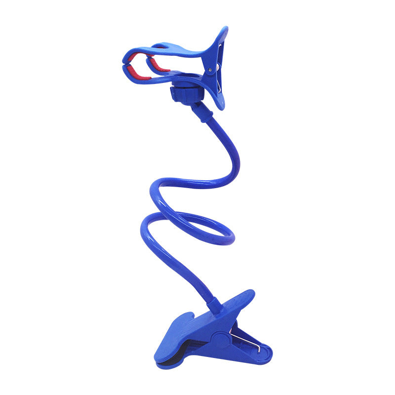 Blue double-clamp mobile phone holder stand with red inner grips and spring arm