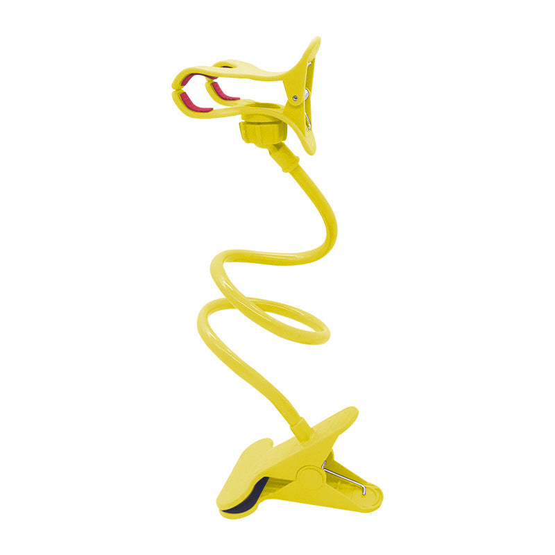Yellow double-clamp phone holder with coiled spring and clip base