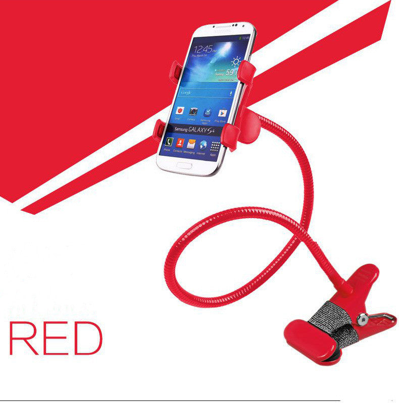 Red flexible phone stand with spring arm and clip holding a smartphone