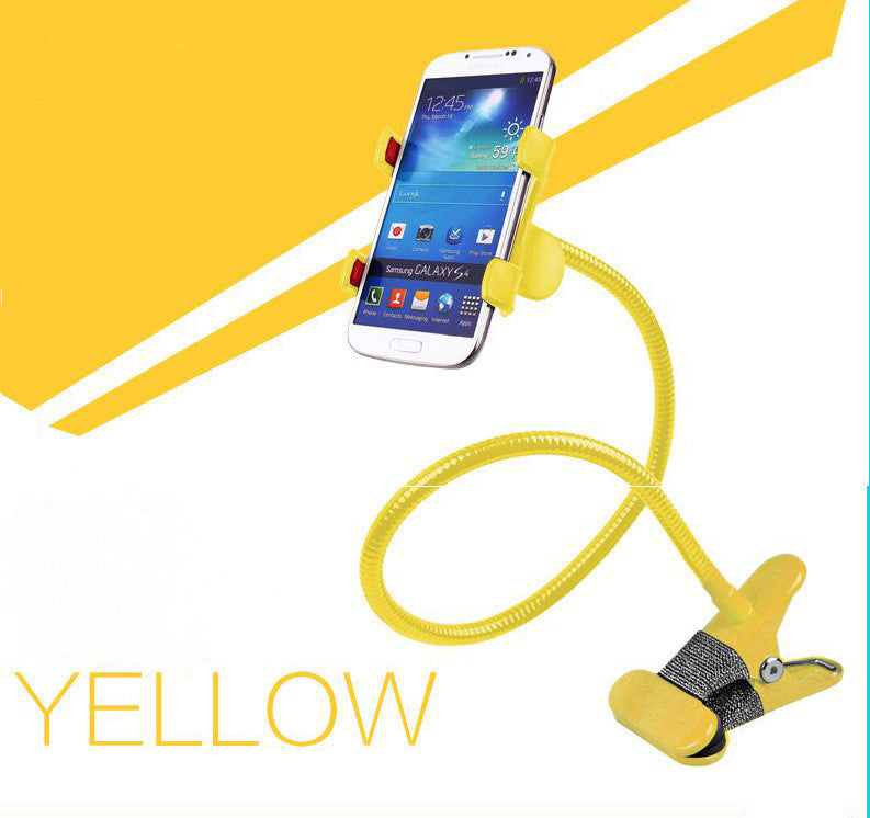 Yellow flexible phone stand with spring arm and clip holding a smartphone