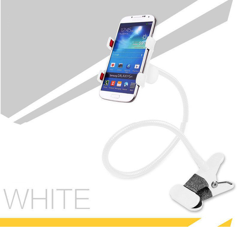 White flexible phone stand with spring arm and clip holding a smartphone