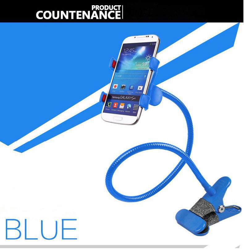 Blue flexible metal phone stand with clamp and long bendable arm