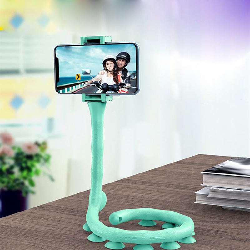 Flexible phone holder, mint green worm stand with clamp holding phone horizontally