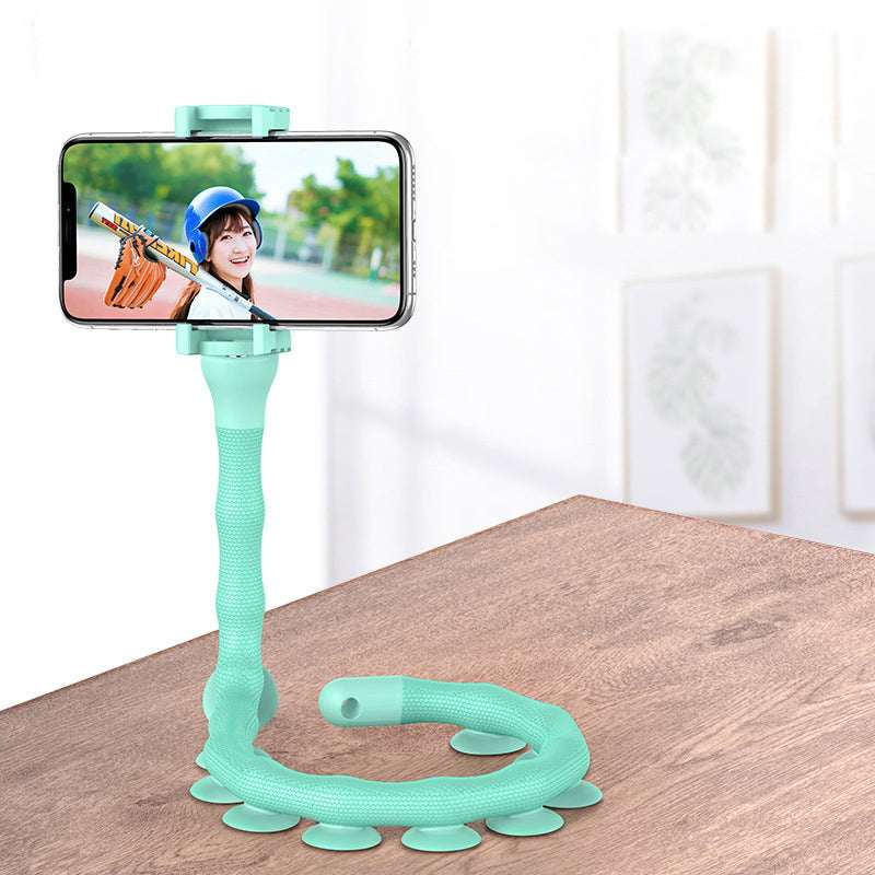 Flexible phone holder with suction cup base, mint green worm stand and phone mount