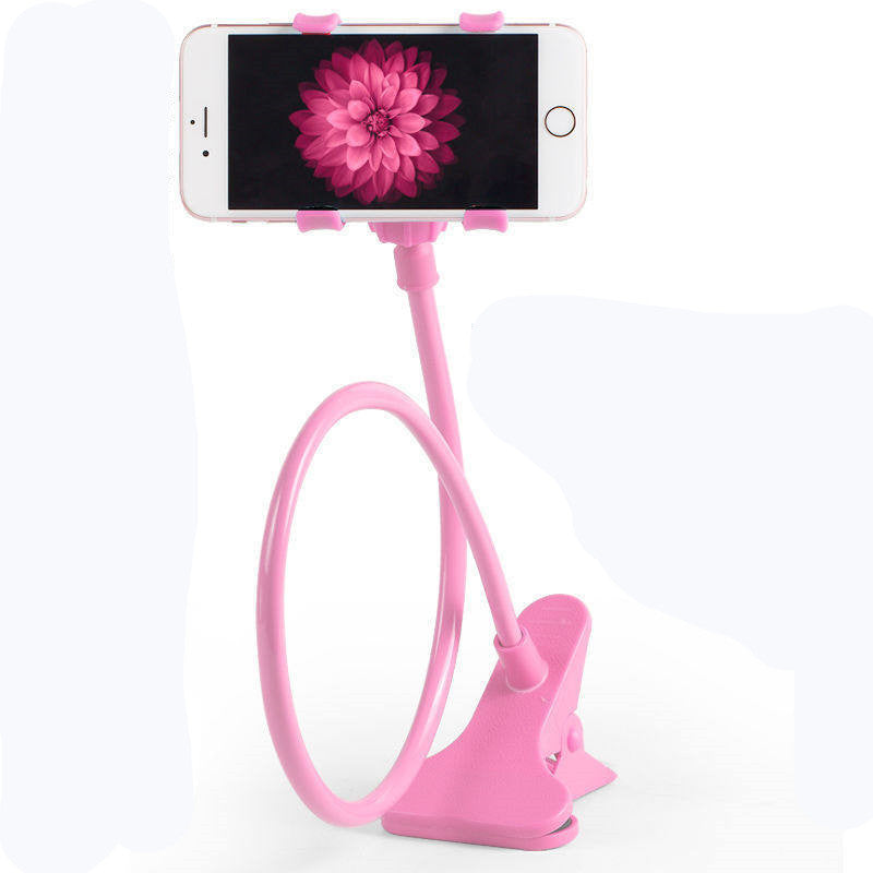 Pink mobile phone stand with U-shaped frame, phone clamp, and cable loops.