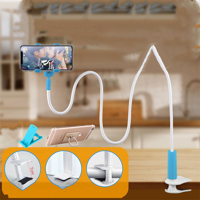 Light blue and white mobile phone stand with U-shaped cable and phone holder.