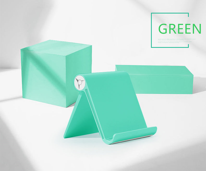 Green phone and tablet stand with circular swivel hinge and folded support arms