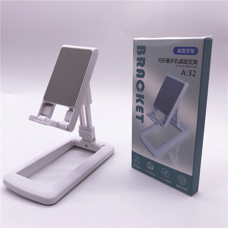 White mini foldable phone stand with textured back, adjustable base; retail box