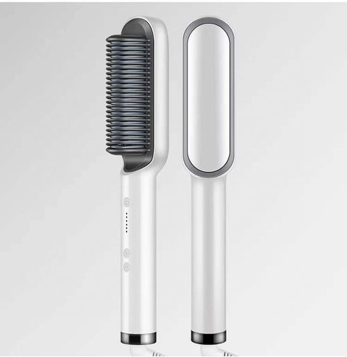2-in-1 hair straightener and hot comb set, white comb brush and flat iron