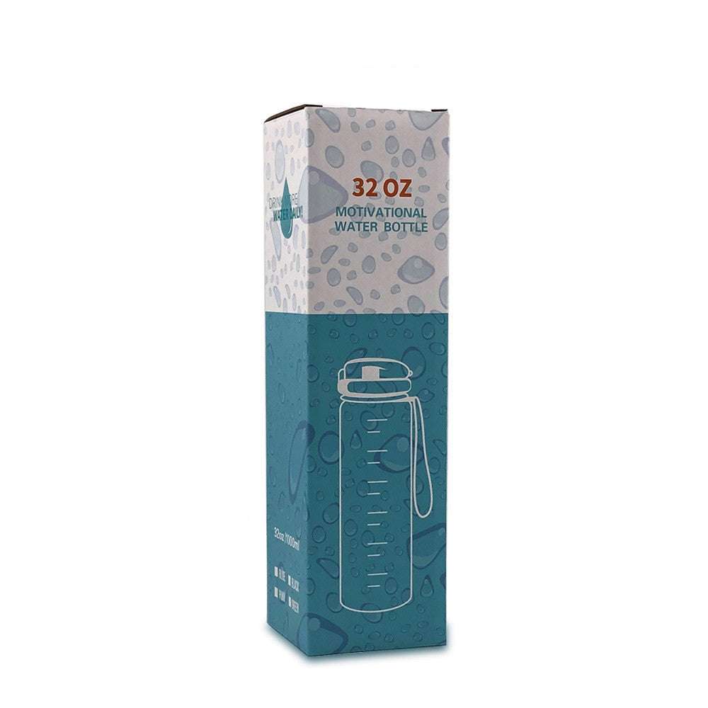 1L motivational water bottle box with blue bottle graphic and time marker layout