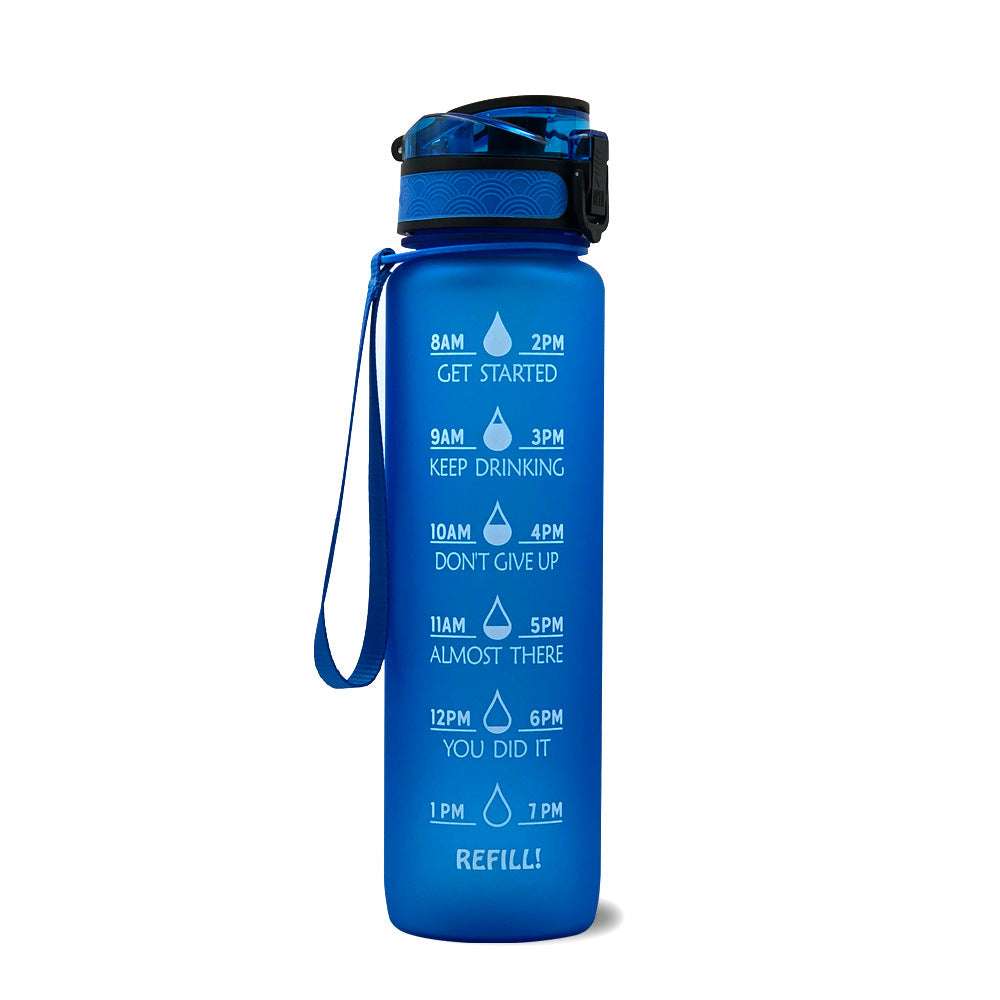 1L motivational water bottle with time marker text, blue cap and strap, front view