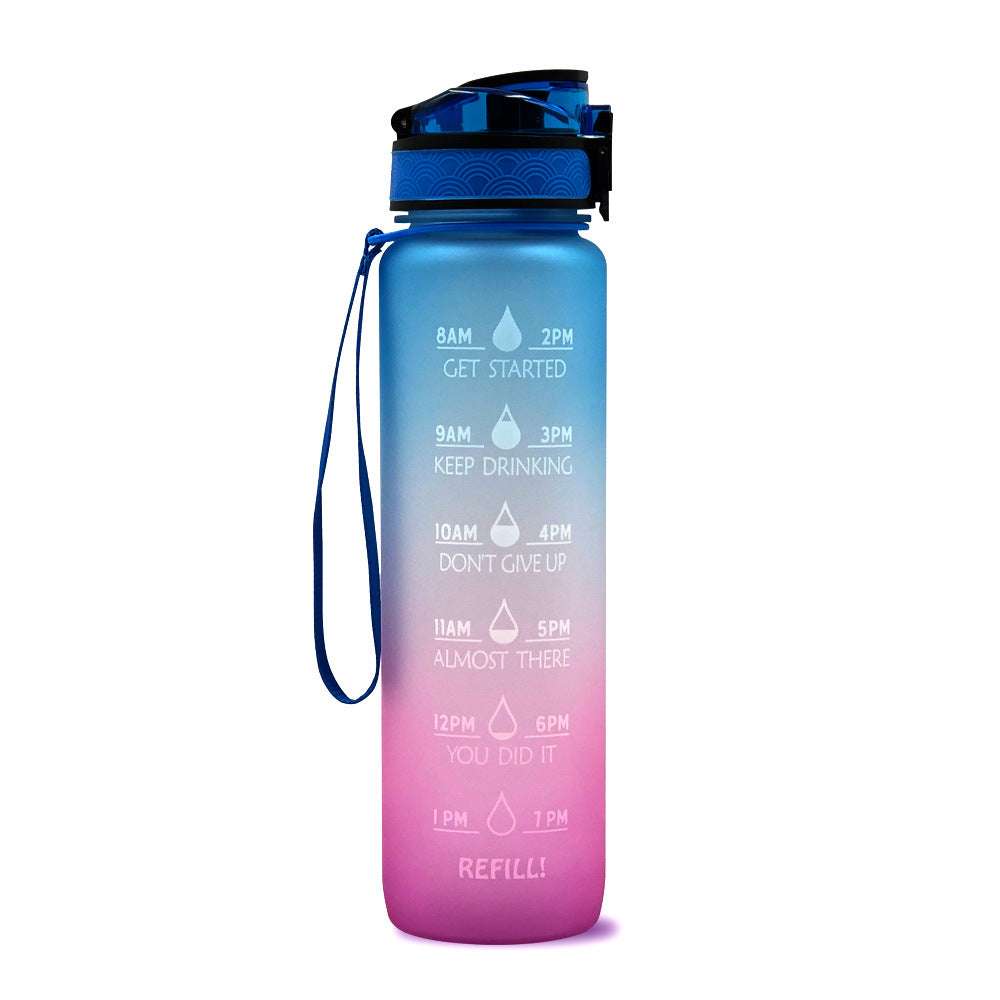 1L motivational water bottle with time marker, blue-to-pink gradient body, blue lid