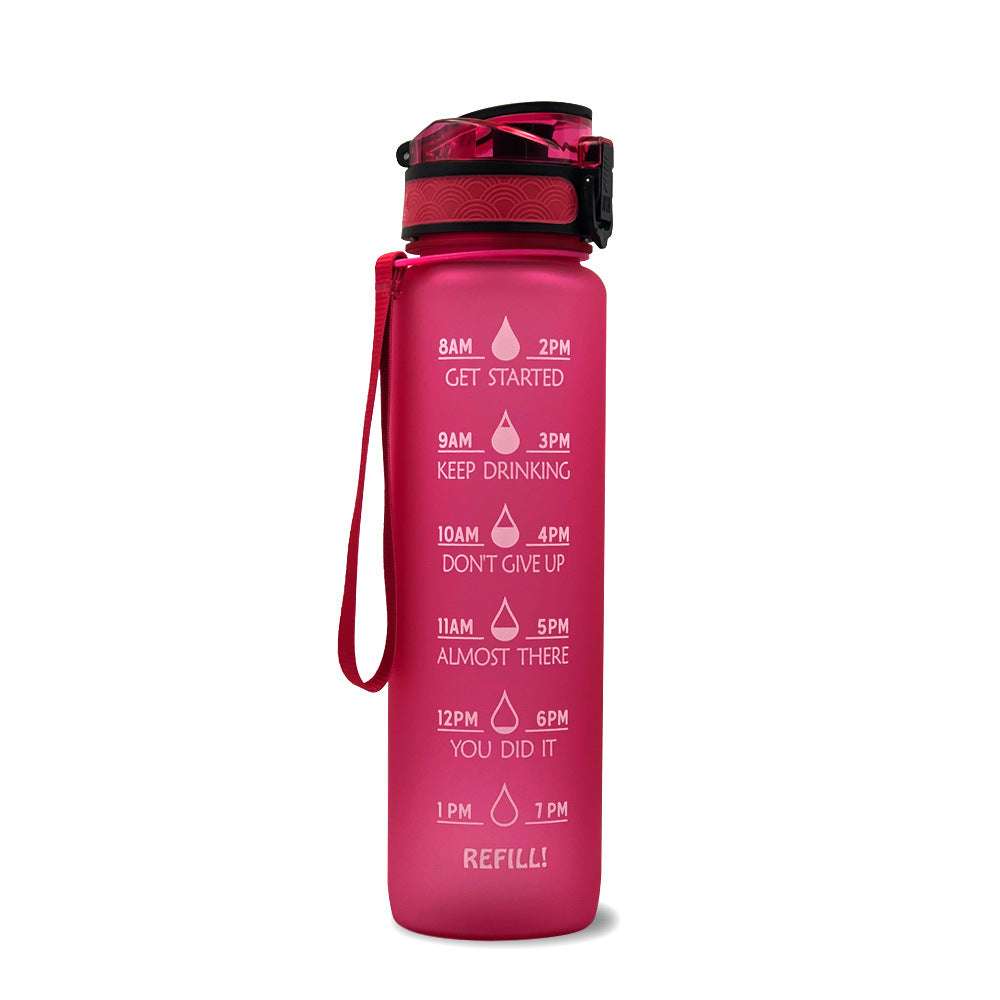 1L motivational water bottle with time marker, pink bottle with wrist strap
