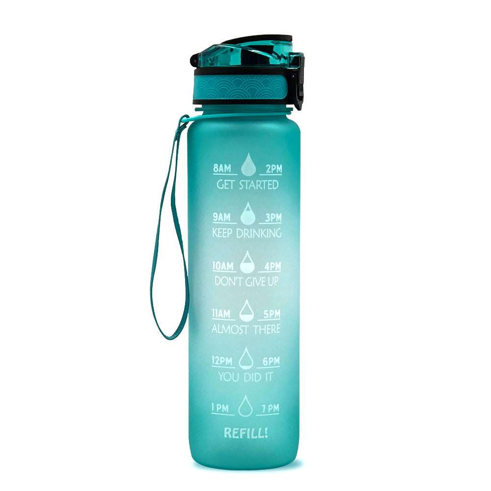 1L motivational water bottle with time marker, teal gradient body, dark teal lid, strap