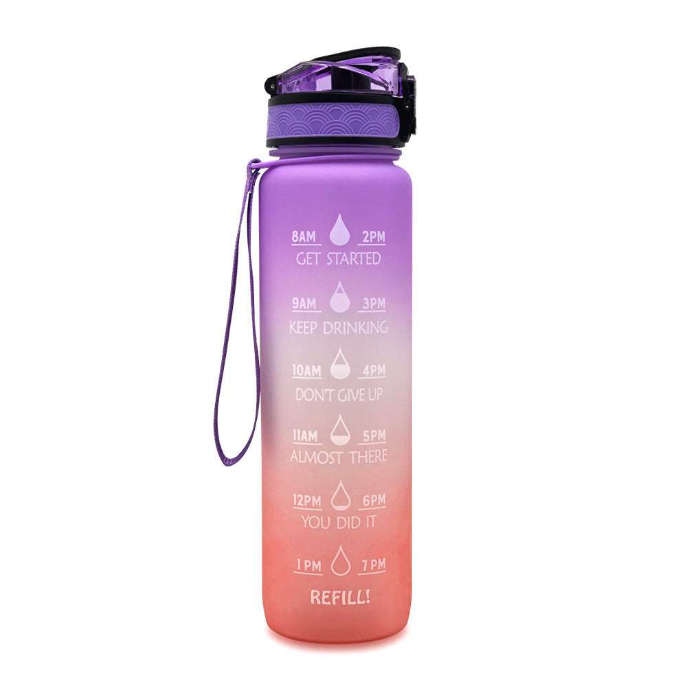 1L motivational water bottle with time marker, purple-to-orange gradient body, purple lid